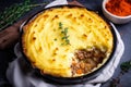Top view of a hearty Shepherds Pie with golden brown mashed potato crust, savory meat filling, and steam rising from the dish