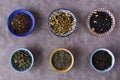 Top view of the herbal and natural dry tea variation in bowls Royalty Free Stock Photo