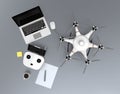 Top view hexacopter, remote controller, laptop computer. Royalty Free Stock Photo