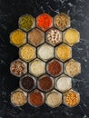 Top view of hexagon jars with cereals and beans