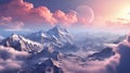 Top view of high mountains with snow caps in nature against a pink beautiful sky, view from a drone. AI generated Royalty Free Stock Photo