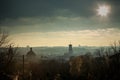 Top view from hight castle on city hall, main cathedral, and houses roofs of old Lviv Royalty Free Stock Photo