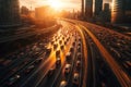 view of highway with traffic jam and skyscrapers at dusk, modern city, traffic, blur