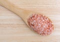 Top view of Himalayan pink salt on a wood spoon