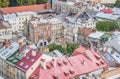 Top view of historical old city district of Lviv, Ukraine. Old buildings and courtyards in historic Lviv