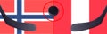 Top view hockey puck with Norway vs. Peru command with the sticks on the flag. Concept hockey competitions