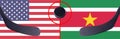 Top view hockey puck with USA vs. Suriname command with the sticks on the flag. Concept hockey competitions