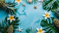Top view of holiday travel beach with starfish, pineapple, flower plumeria and monstera leaves on blue background