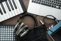 Top view of home studio music production equipment