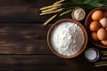 Top View homemade Baking Ingredients,Milk, Butter, Eggs, and Flour on Wooden Table