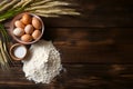 Top View homemade Baking Ingredients,Milk, Butter, Eggs, and Flour on Wooden Table