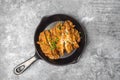 Top view homemade breaded fried chicken chop topped spring onion on mini black pan Royalty Free Stock Photo