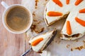 Top view of a homemade carrot cake with mascarpone cream cheese