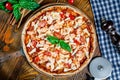 Top view on homemade italian pizza with seafood. Royalty Free Stock Photo