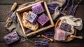 Top view homemade lavender soap with fresh lavender flowers on wooden background. spa hygiene, cleanliness, body care concept