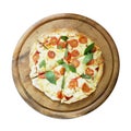 Top view of homemade pizza Italian food, thin-crust pizza pie Margherita with mozzarella cheese, tomatoes and basil leaves on Royalty Free Stock Photo