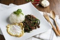 Top view of Homemade Stir fried minced pork with basil served with steamed jasmine rice and fired egg,Thai famous spicy food,Thai Royalty Free Stock Photo