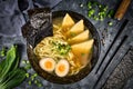 Top view of homemade vegetarian Japanese Ramen noudle soup with fried tofu slices, egg and spring onions