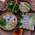 Top view homemade Vietnamese vegetarian rolled steamed rice pancake or banh cuon