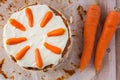 Top view of a homemane carrot cake with mascarpone cream cheese Royalty Free Stock Photo