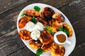 Top view honey grilled peaches ice cream plate wooden table