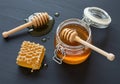 top view honey jar with food and honeyspoon Royalty Free Stock Photo