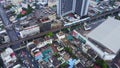 Top view of a HongKong Global City with development buildings, transportation, energy power infrastructure. Financial Royalty Free Stock Photo