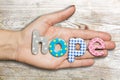 Top view of hope world in woman hand with wooden background