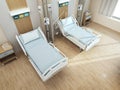 Top view of hospital recovery room with beds.