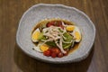 top view hot avocado slice, shredded chicken, boiled egg silce, tomatos slice on white and black ceramic bowl on wooden table Royalty Free Stock Photo