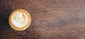 Top view of hot cappuccino coffee cup on wooden tray with latte art on wood table at cafe,Banner size food and drink concept.leave Royalty Free Stock Photo