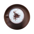 Top view of hot chocolate, cocoa, with frothed milk in ceramic