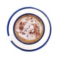 Top view of hot coffee  cappuccino blue cup or hot drink cocoa with milk foam and cinnamon powder on  blue and white color saucer Royalty Free Stock Photo