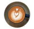 Top view hot coffee cappuccino latte art flower heart shape in ceramic cup isolated on white background clipping path Royalty Free Stock Photo