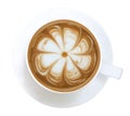 Top view of hot coffee cappuccino latte art flower shape foam isolated on whi