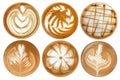 Top view of hot coffee cappuccino latte art foam set isolated on Royalty Free Stock Photo
