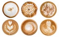 Top view of hot coffee cappuccino latte art foam set isolated on white background. Royalty Free Stock Photo