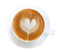 Top view of hot coffee cappuccino latte art heart shape foam isolated on white background, path Royalty Free Stock Photo