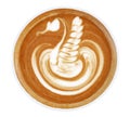 Top view of hot coffee cappuccino latte art swan shape isolated on white background, path Royalty Free Stock Photo