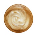 Top view of hot coffee cappuccino latte cup with spiral milk foam isolated on white background, clipping path included. Royalty Free Stock Photo