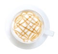 Top view of hot coffee latte art caramel foam isolated on white background, path Royalty Free Stock Photo