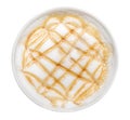 Top view of hot coffee latte art caramel foam isolated on white background, path Royalty Free Stock Photo