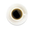 Top view hot fresh black coffee in a white cup with white plate isolated on white background. Royalty Free Stock Photo