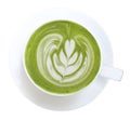 Top view of hot matcha green tea latte art foam in ceramic cup isolated on white, path Royalty Free Stock Photo