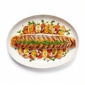Delicious Hotdog Dish With Roasted Barramundi Steak And Garlic