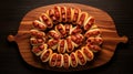 Top View Of Hotdog Slices On Wooden Tray