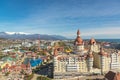 Top view of the hotel Bogatyr, amusement park Sochi Park, mountains and the sea. Adler, Russia - March 31, 2019