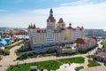 Top view of the hotel Bogatyr, amusement park Sochi Park, mountains and the sea. Adler, Russia - March 26, 2020