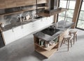 Top view of hotel kitchen interior with bar counter and cooking cabinet, window Royalty Free Stock Photo