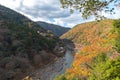 Top view of Hozugawa river with japanese traditional wooden house , boat and autumn foliage colors from Arashiyama view point, Kam